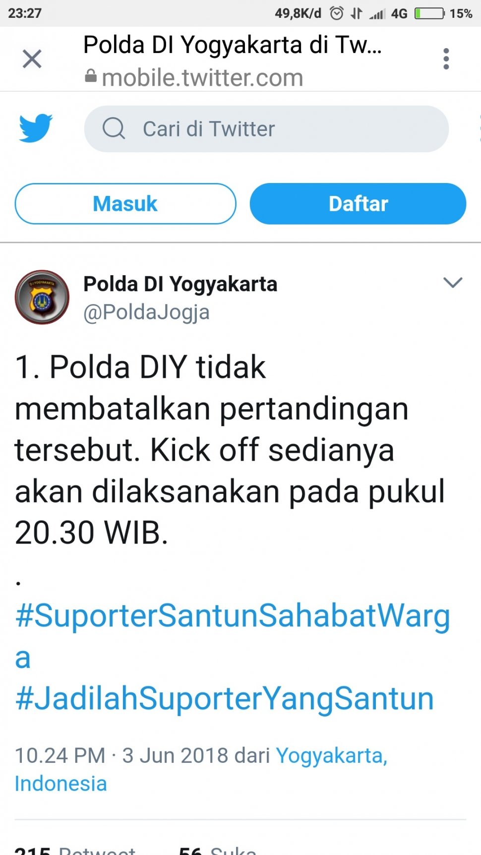 Screenshot keterangan Polda DIY perihal pembatalan pertandingan antara Persija Jakarta vs Persebaya Surabaya [Twitter@poldajogja]