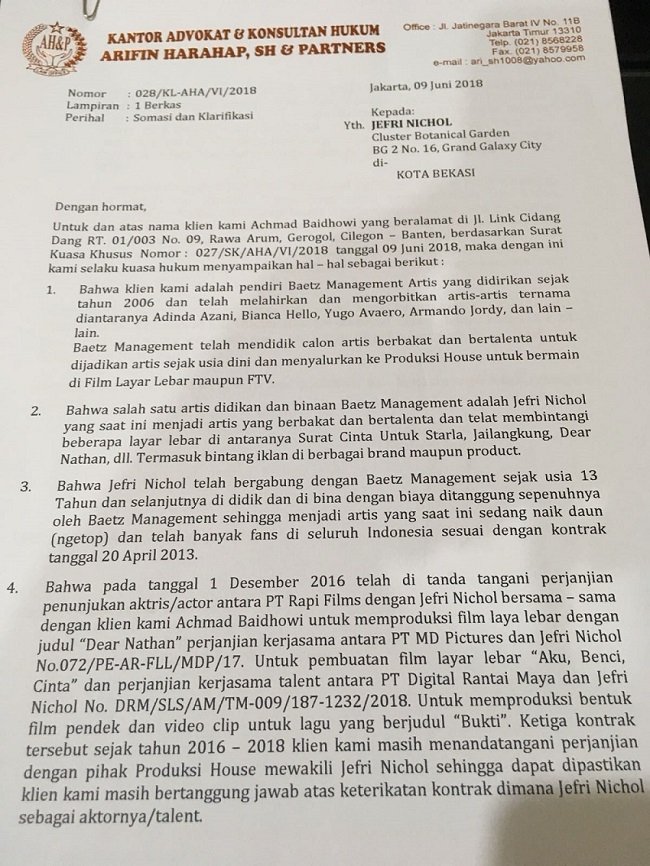 Surat somasi untuk Jefri Nichol (istimewa)
