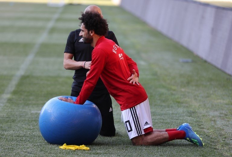 Pemain tim nasional Mesir Mohamed Salah mengikuti sesi latihan ringan jelang putaran final Piala Dunia 2018 [AFP]