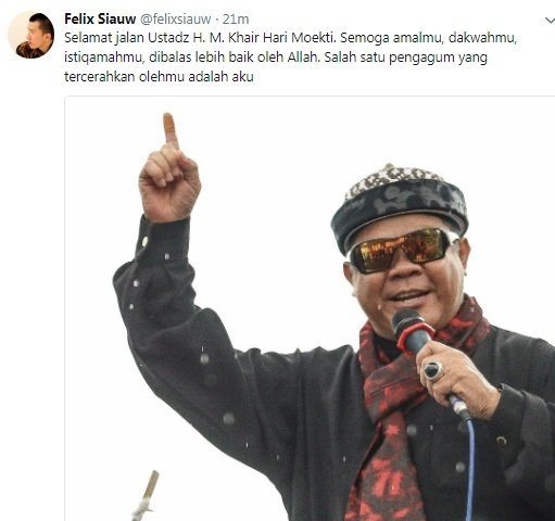 Ucapan belasungkawa Ustadz Felix Siauw untuk almarhum Hari Moekti.