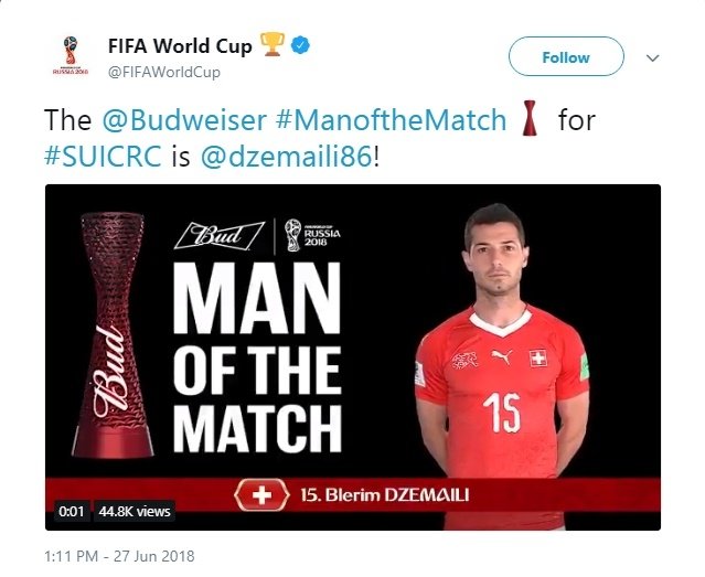 Blerim Dzemaili terpilih sebagai Man of the Match dalam laga Swiss kontra Kosta Rika di Grup E Piala Dunia 2018 yang berakhir imbang 2-2, Kamis (28/6) dini hari WIB. 