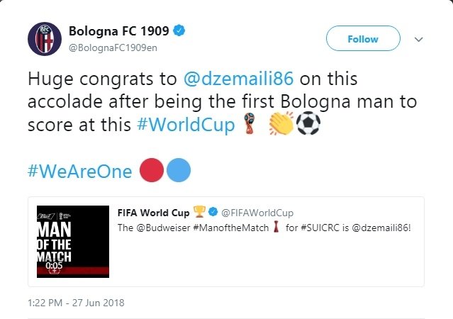 Tweet ucapan selamat Bologna kepada Blerim Dzemaili.