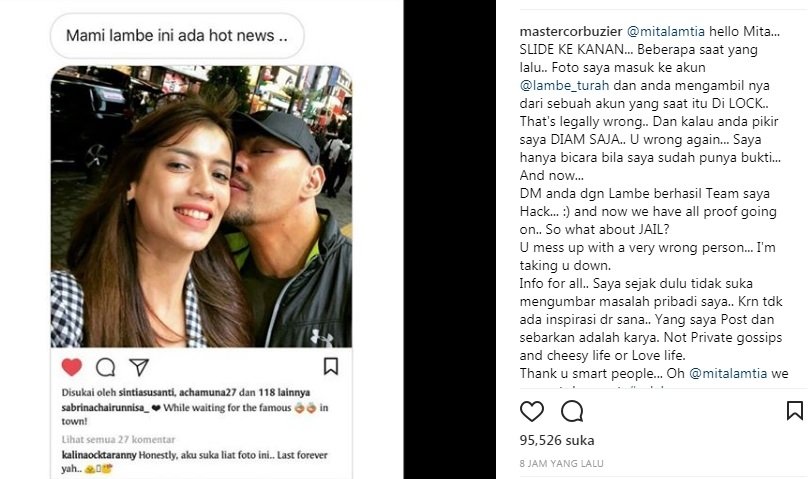 Ancaman Deddy Corbuzier ke pelaku penyebar fotonya cium Sabrina Chairunnisa. [Instagram]