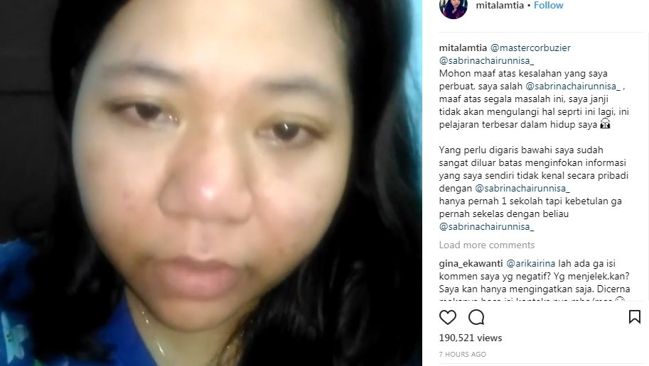 Mita Lamtia, pelaku penyebar foto mesra Deddy Corbuzier-Sabrina Chairunnisa meminta maaf. [Instagram]