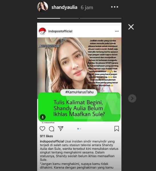 Shandy Aulia geram dengan salah pemberitaan di sebuah Instagram.