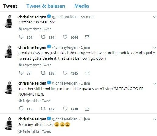 Cuitan Chrissie Teigen soal gempa Lombok. 