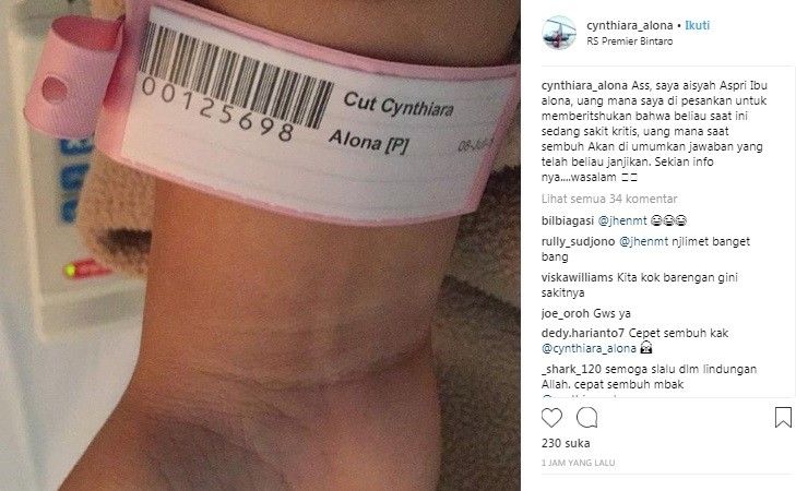 Cynthiara Alona dikabarkan kritis. [Instagram]