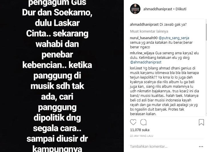 Cuitan balasan Ahmad Dhani ke Wanda Hamidah. [Instagram]