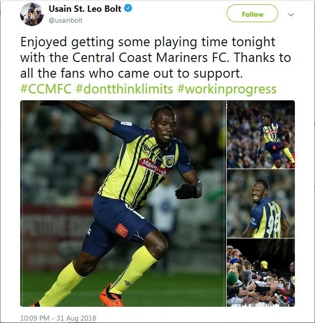 Salah satu cuitan Usain Bolt seusai tampil di pertandingan bola perdananya bersama klub Central Coast Mariners (CCM), Jumat (31/8/2018). [Twitter/screenshot]