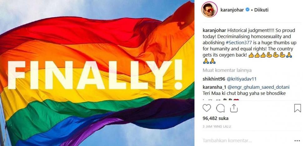 Karan Johar mendukung perubahan pasal tentang LBGT. (Instagram)