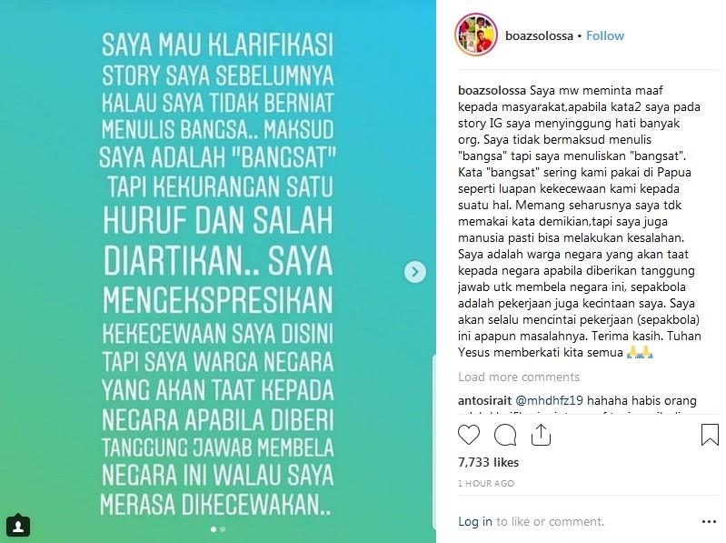 Screenshot postingan Boaz Sollosa di akun Instagram @boazsolossa