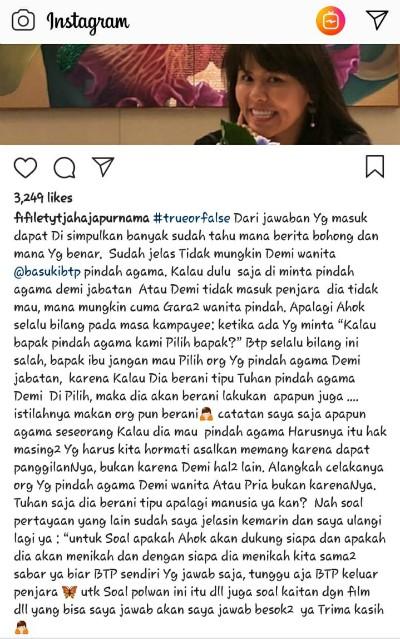 Postingan Fifi Lety Tjahaja Purnama, adik kandung Ahok, soal isu Ahok pindah agama. [Instagram@fifiletytjahajapurnama]