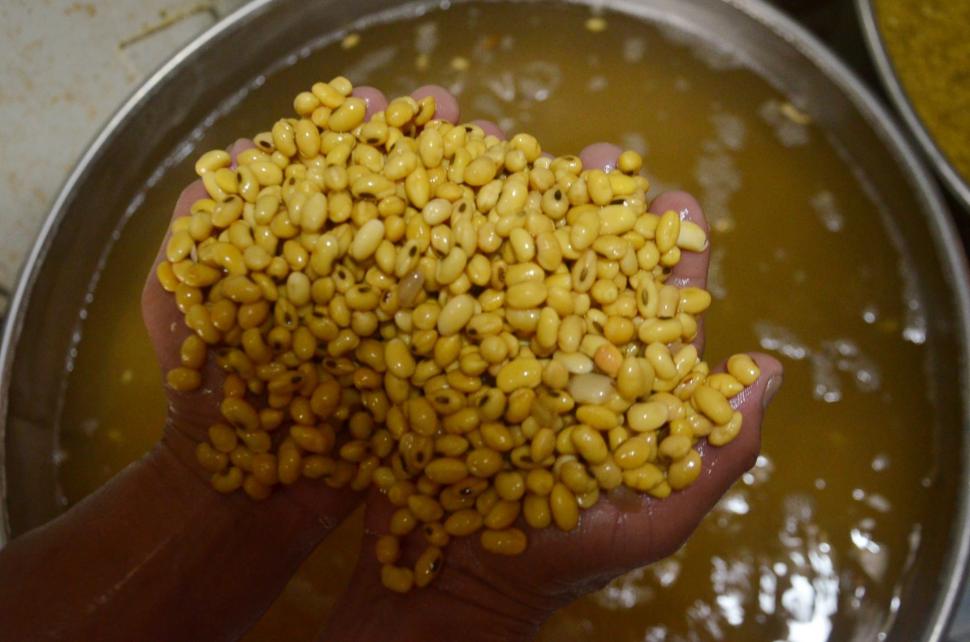 Pekerja melakukan proses pengolahan kacang kedelai di kawasan mampang prapatan, Jakarta, Minggu (9/9). [Suara.com/Muhaimin A Untung] 