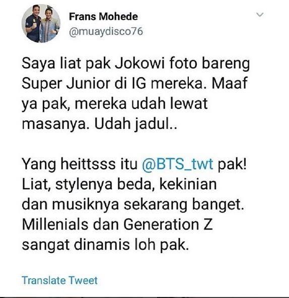 Twit Frans Mohede soal Jokowi dan Super Junior. 