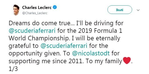 Postingan Charles Leclerc. [Twitter@Charles_Leclerc]