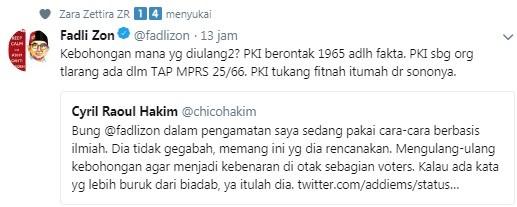 Fadli Zon balas cuitan Chico Hakim. [Twitter]