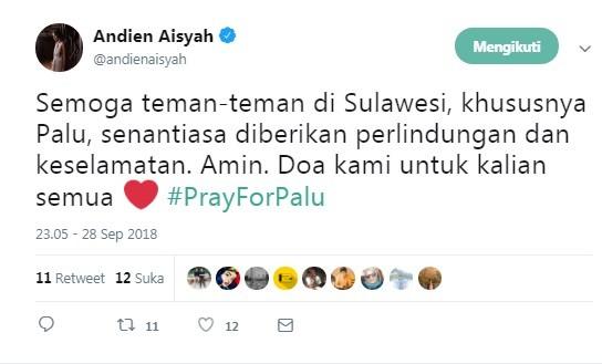 Postingan Andien Aisyah terkait gempa dan tsunami di Palu dan Donggala. [Twitter]