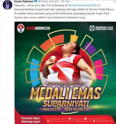 Suparnyiati menyumbang medali emas bagi Indonesia dari cabang olahraga para atletik nomor tolak peluru F20 putri. [Twitter@imam_nahrawi]