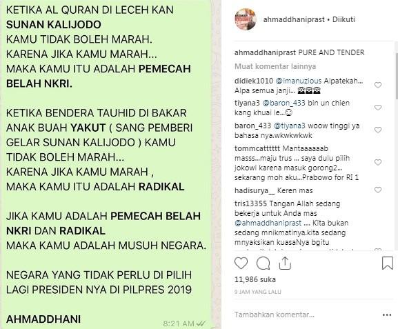 Postingan Ahmad Dhani soal bendera Tauhid dibakar. [Instagram @ahmaddhaniprast]