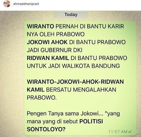 Postingan Ahmad Dhani soal poltikus sontoloyo. [Instagram @ahmaddhaniprast]