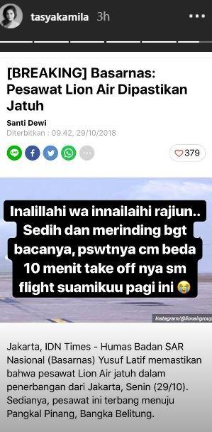 Tasya Kamila merinding mendengar kabar jatuhnya pesawat Lion Air. [instagram/tasyakamila]