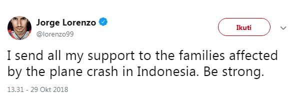 Pebalap MotoGP, Jorge Lorenzo, menyampaikan belasungkawa atas musibah jatuhnya pesawat Lion Air JT 610 melalui akun Twitter pribadinya. [Twitter@lorenzo99]