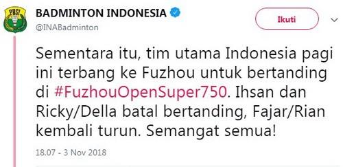 Postingan PBSI. [Twitter@INABadminton]