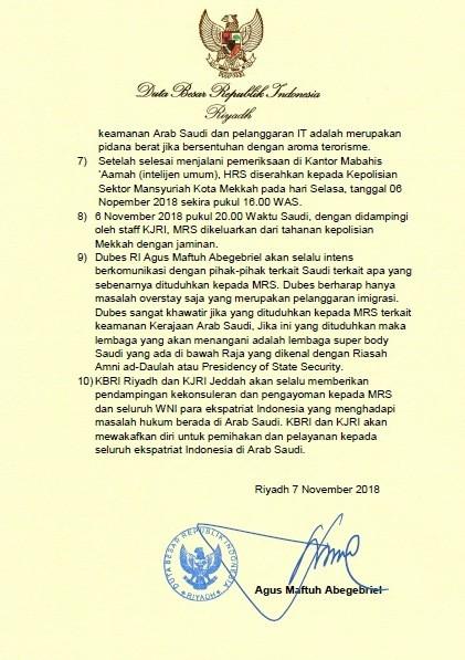 Surat atau rilis resmi Dubes RI di Arab Saudi Agus Maftuh Abegebriel terkait penangkapan Habib Rizieq Shihab. [Dok. Dubes RI untuk Arab Saudi]