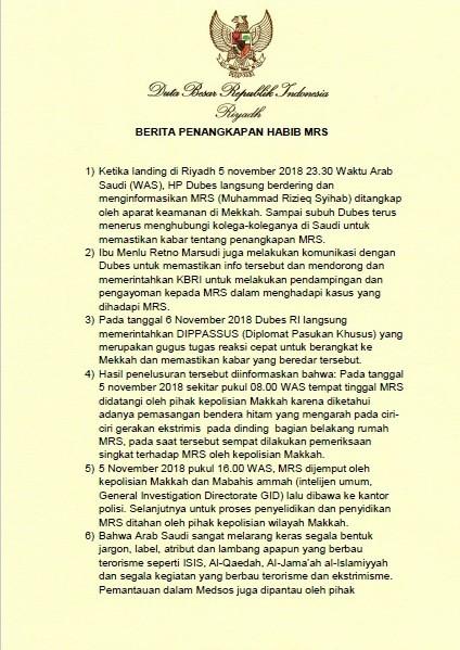 Surat atau rilis resmi Dubes RI di Arab Saudi Agus Maftuh Abegebriel terkait penangkapan Habib Rizieq Shihab. [Dok. Dubes RI untuk Arab Saudi]