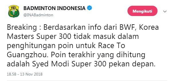 Postingan PBSI mengenai regulasi baru BWF. [Twitter@INABadminton]