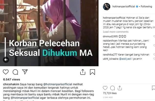 Dukungan Hotman Paris untuk Baiq Nuril. [capture Instagram @hotmanparisofficial]