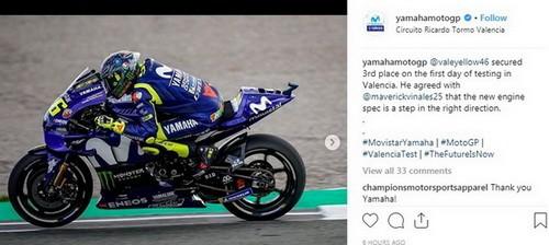 Pebalap Movistar Yamaha, Valentino Rossi, saat sesi tes pramusim MotoGP 2019 di Sirkuit Ricardo Tormo, Valencia, Selasa (20/11/2018). [Instagram@yamahamotogp]