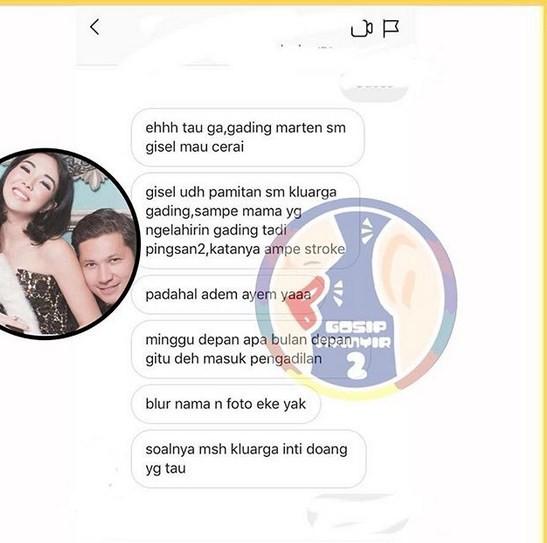 Percakapan yang mengabarkan kalau Gisel dan Gading akan bercerai. (Instagram @gosipnyinyi2)