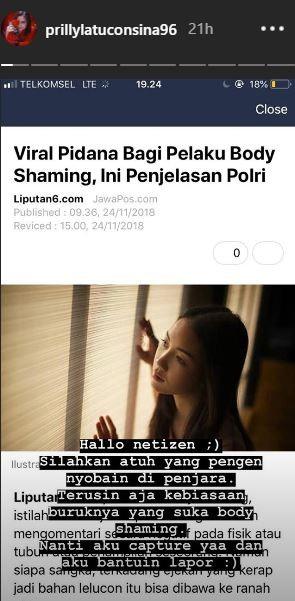 Prilly Latuconsina kegerahan dengan pelaku body shaming. [instagram/prillylatuconsina96]