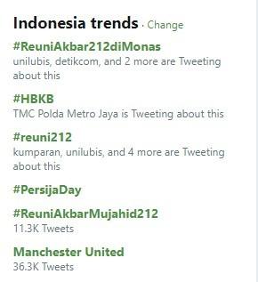 Tagar #ReuniAkbar212diMonas jadi trending topic Twitter Indonesia. (Dok. Twitter)