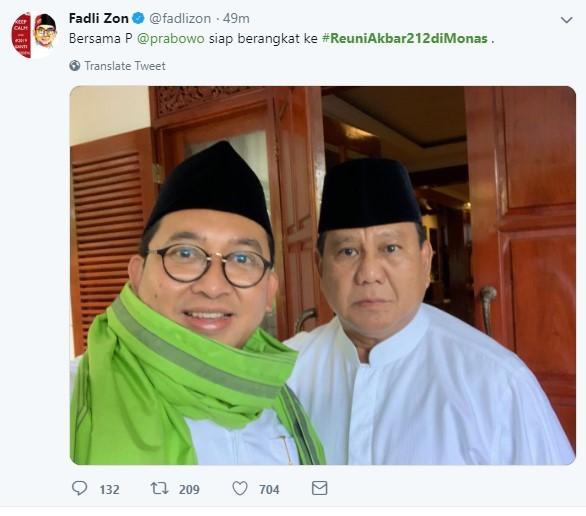 Fadli Zon ramaikan tagar #ReuniAkbar212diMonas (Dok. Twitter/@FadliZon)