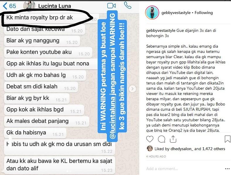 Gebby Vesta curhat soal Lucinta Luna di Instagram. (Instagram)