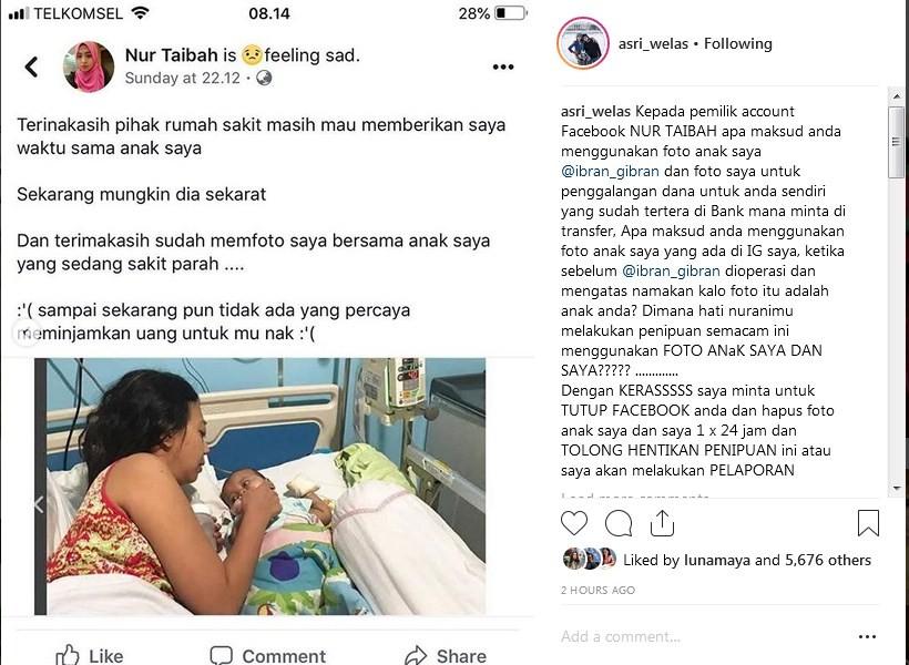 Foto Asri Welas dan anaknya dicatut untuk penipuan. (Instagram)