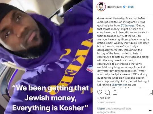 Jurnalis AS, Darren Rovell, mengomentari postingan LeBron James di Instagram beberapa waktu lalu yang dianggap menghina kaum Yahudi. [Instagram@darrenrovell]