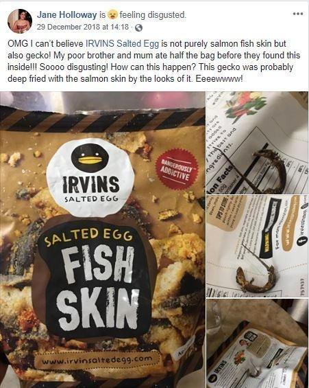 Irvins salted egg yang ditemukan cicak mati [Jane Holloway FB]