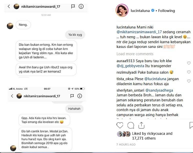 Lucinta Luna mengunggah percakapannya dengan Nikita Mirzani. (Instagram)