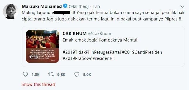 Kill The DJ marah karena lagunya digunakan kampanye tim Prabowo-Sandiaga. [twitter/killthedj]