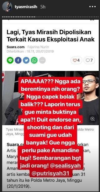 Tyas Mirasih bicara soal tuduhan eksploitasi anak. (Instagram Story Tyas Mirasih)