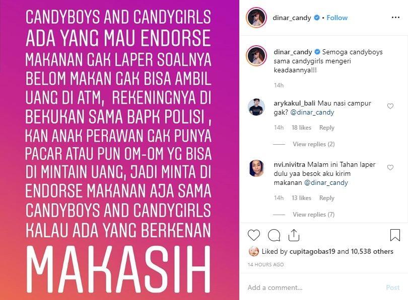 Dinar Candy minta makanan ke penggemar karena mengaku tak punya uang. [instagram/dinar_candy]