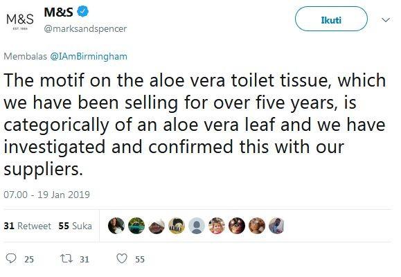 Marks & Spencer menanggapi isu lafadz Allah di tisu toilet [twitter @M&S]