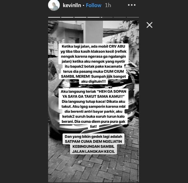 Kevin Liliana ungkap pelecehan yang ia lamai di depan apartemennya. (Instagram Story Kevin Liliana)