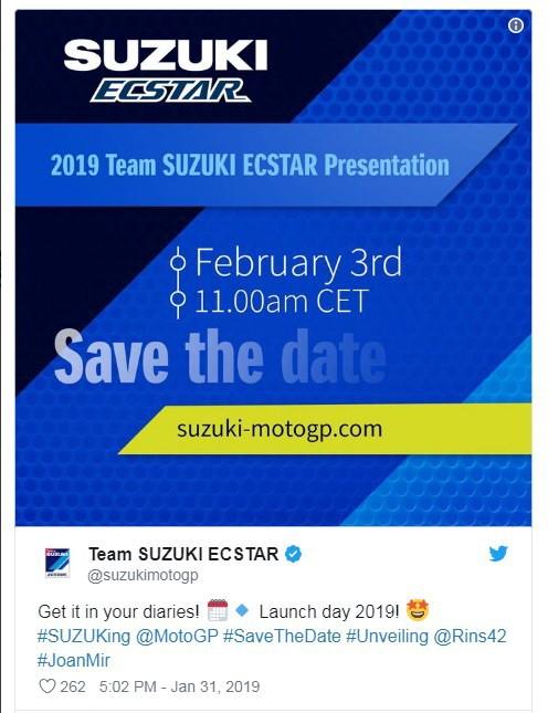 Pihak Suzuki mengumumkan jadwal peluncuran motor prototipe di MotoGP 2019. [Twitter@suzukimotogp]