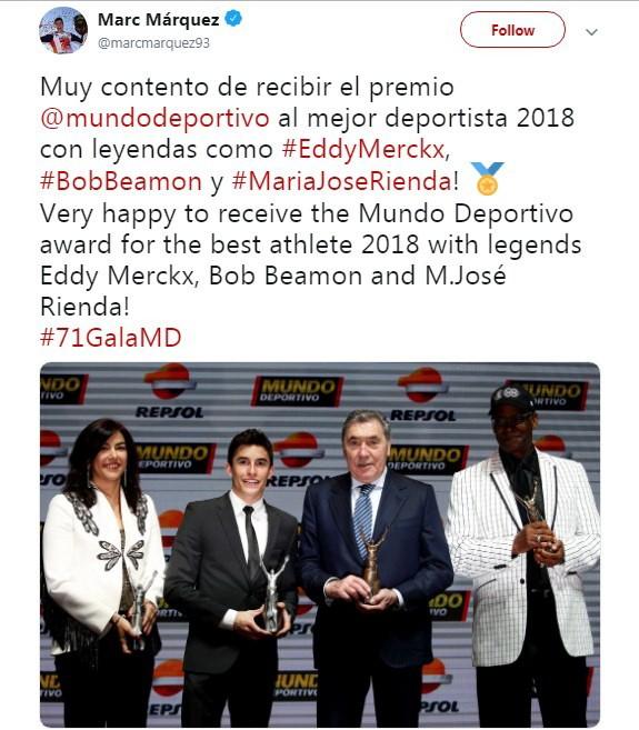 Marc Marquez terpilih sebagai Atlet Terbaik Spanyol 2018 versi El Mundo Deportivo. [Twitter@marcmarquez93]