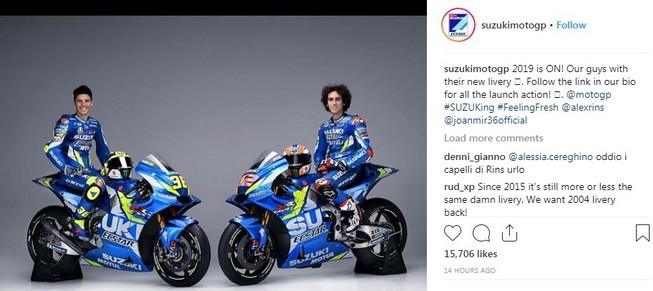 Duet pebalap Suzuki, Joan Mir dan Alex Rins, pada balapan MotoGP 2019. [Instagram@suzukimotogp]