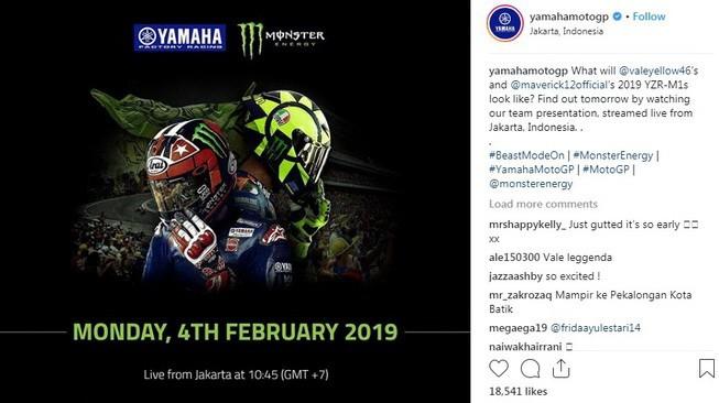 Pihak Yamaha mengumumkan jadwal peluncuran motor terbaru Valentino Rossi dan Maverick Vinales yang akan digelar di Jakarta. [Instagram@yamahamotogp]